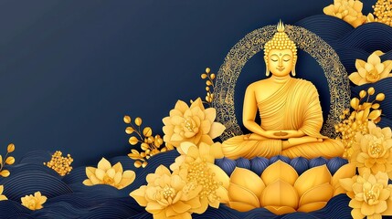 Obraz premium Golden Buddha in Lotus Surrounded by Golden Flowers and Dark Blue Design, Celebratory Theme with Text Space, Symbolizing Spirituality and Decorative Art for Festivals