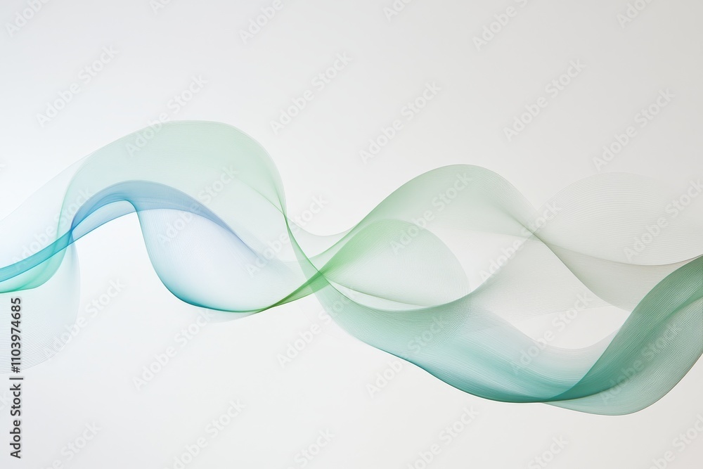Poster abstract landscape of soft flowing waves in green and blue tones creating a serene and tranquil atmo