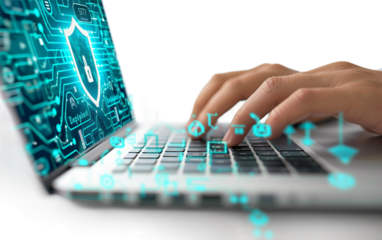 A Close-Up of Fingers on a Laptop Keyboard in a Digital Environment Isolated on Transparent Background PNG.