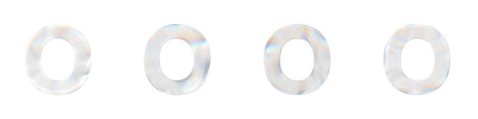 Set of 4 3d letter O with glass distortion effect isolated on a transparent background. 3d transparent elements for graphic design.