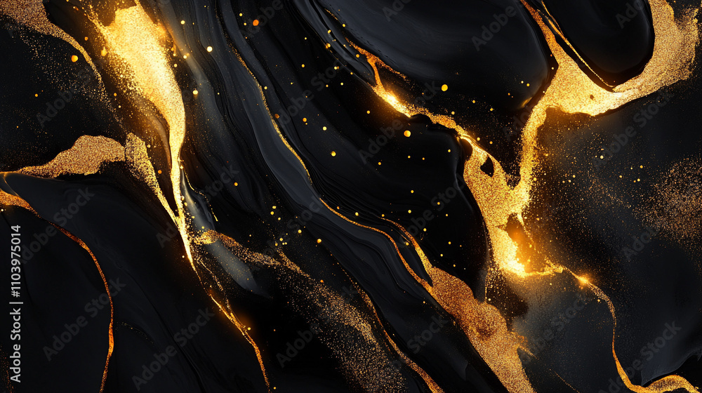 Poster abstract black and gold swirl design showcasing elegant textures and fluid patterns