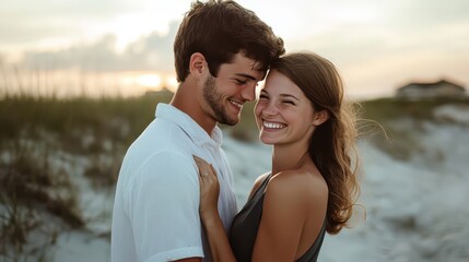 Fototapeta premium Happy Couple Embracing on a Beach at Sunset