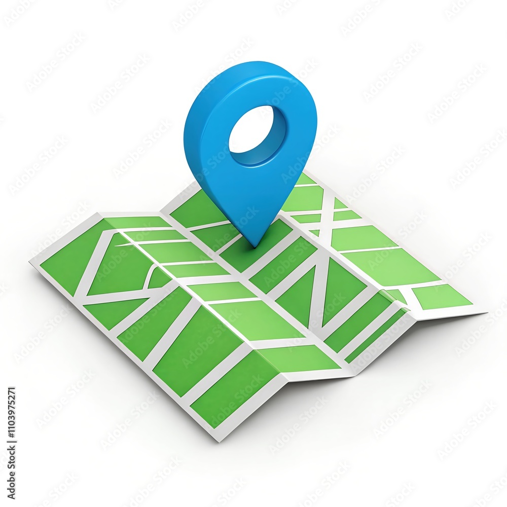 Poster 3d illustration of a green paper map with a blue location pin symbolizing navigation and pinpointing