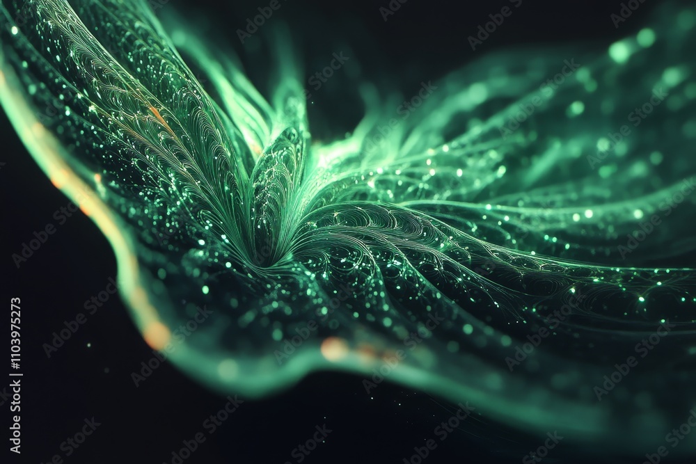 Poster abstract representation of glowing green energy waves swirling in a mesmerizing pattern, conveying a