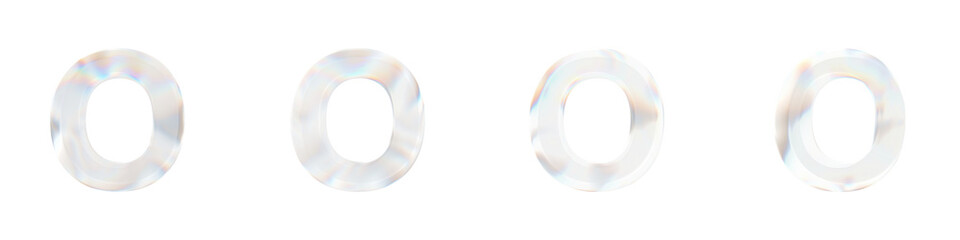 Set of 4 3d letter O with glass distortion effect isolated on a transparent background. 3d transparent elements for graphic design.