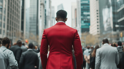 Fototapeta premium Bold Man in Red Suit Walking in City Street