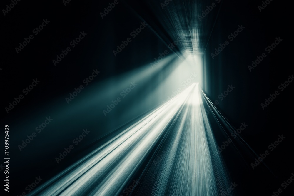 Poster abstract representation of motion through a dark tunnel with beams of light shining at the exit, con