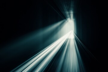 Abstract representation of motion through a dark tunnel with beams of light shining at the exit, conveying speed, depth, and dynamic energy in a surreal visual experience.