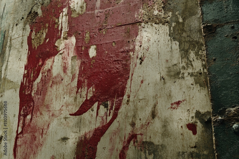Poster abstract textural surface of aged wall with red paint and faded patterns, illustrating layers of col