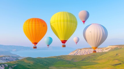 Fototapeta premium Colorful Hot Air Balloons Soaring Above a Dreamy Landscape, an Adventure of Freedom in the Vast Sky, Radiating Joy and Wonder Amidst Open Horizons