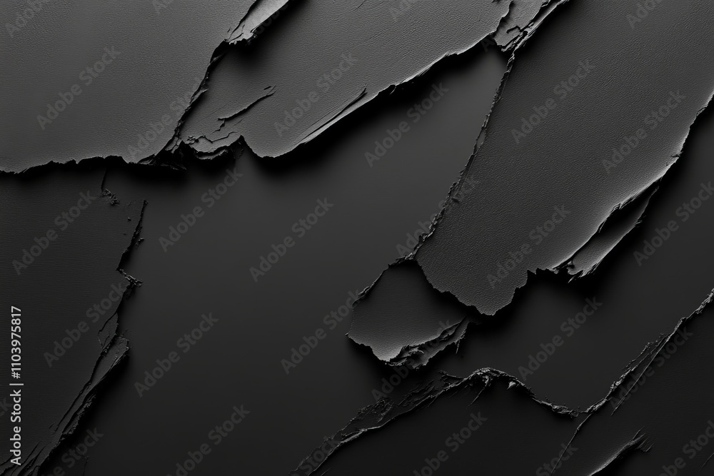 Poster abstract texture of dark, cracked surface with uneven edges highlighting depth and dimension in gray
