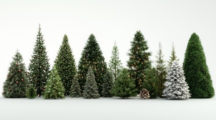 Enchanting Miniature Holiday Trees Forest - Festive 3D Render with Ornaments and Lights on White Background, Ultra-Detailed Illustration