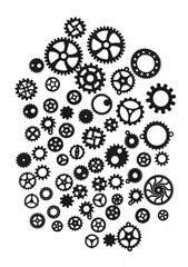 Many gears, mechanical parts, and components.