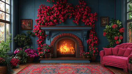 Cozy living room with floral decorations and a warm fireplace during autumn afternoon. Generative AI