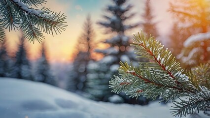 Christmas and winter landscape on blurred background, Christmas tree, pine branch or fir tree. Festive vacation background. Copy space. 8k Resolution