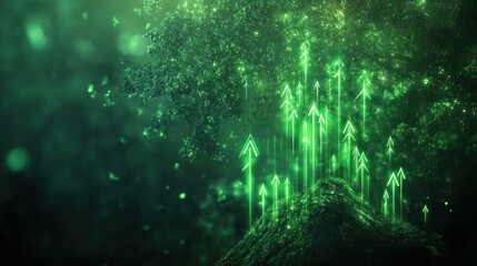 Glowing green stock arrows growing out of a tree, blending finance and nature,