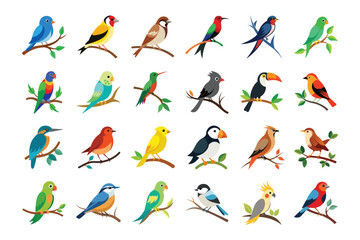 Vector Illustration of a Bird Sitting on a Tree Branch – Icon set with White Background