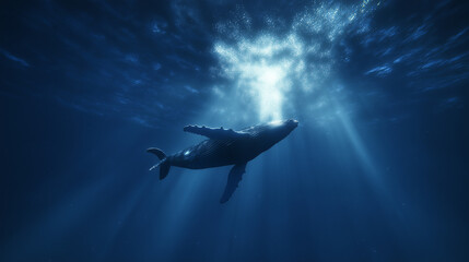 A big whale is swmming under sea water.