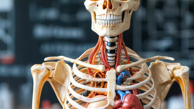 Anatomical model of a human skeleton with visible organs for educational purposes.
