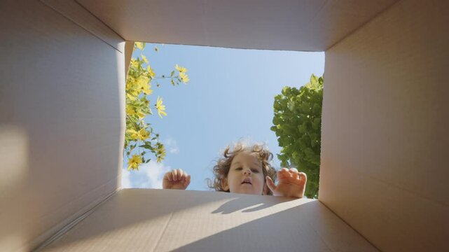 A girl looks into a box with curiosity and wonder, exploring and engaging with its contents in the garden in 4K slow motion 120fps