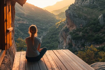Woman sitting on wooden porch overlooking majestic mountain cliff at sunset with warm glow