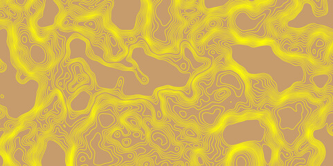 Vector geographic contour topographic yellow lines map seamless pattern abstract mountain relief luxury background, topographic wavy pattern geographic landscape terrain texture grid map design. 