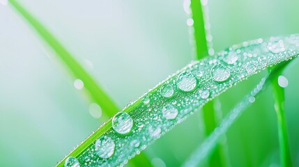 Naklejka premium Morning Dew Drops, Close-up view of glistening dewdrops on vibrant green grass, symbolizing freshness, renewal, and the beauty of a new day