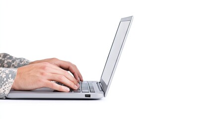Soldier focused on laptop work at desk, showcasing dedication and modern military life through a close-up perspective