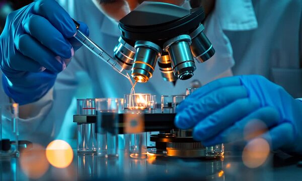 Scientist using a microscope and pipette in a laboratory, conducting research.