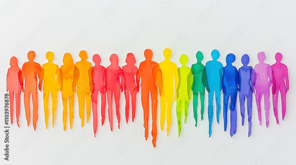 Poster vibrant silhouettes, a captivating display of multicolored spectrums representing diverse figures ag