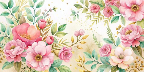 Vintage Style Watercolor Floral Background Featuring Hand-Painted Pink Flowers and Elegant Gold Leaves for Elegant Design Projects or Home Decor