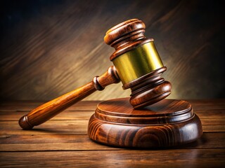 Vintage Style Wooden Gavel on Sound Block Symbolizing Justice and Authority in a Dark Courtroom Setting