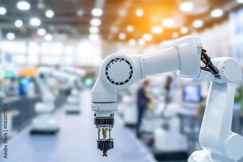 Poster advanced industrial robotics: close-up of a robotic arm in a modern manufacturing facility with blur