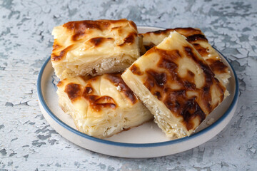 Delicious Turkish food; Tray pastry; (Turkish name; Su boregi)