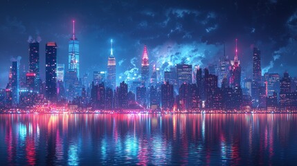 Amazing panorama view of New York city skyline and skyscraper at sunset. Beautiful night view