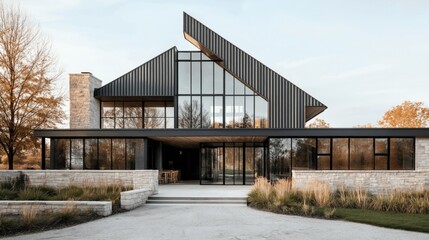 Contemporary house with angular roof and large glass windows surrounded by autumn trees and landscaped garden