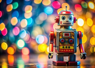 Fototapeta premium Vintage Toy Robot in Retro Style with Colorful Background and Copy Space for Nostalgic Themes and Creative Projects