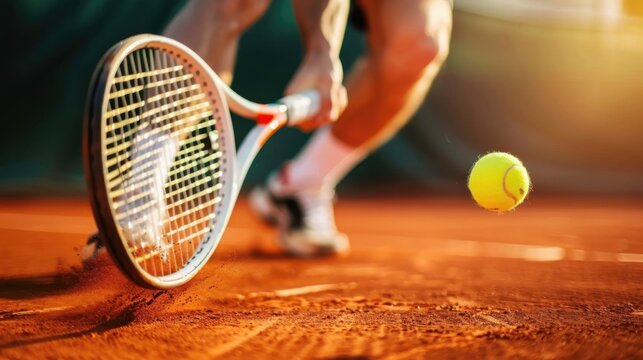 Player striking a tennis ball on a clay court during a sunny afternoon match