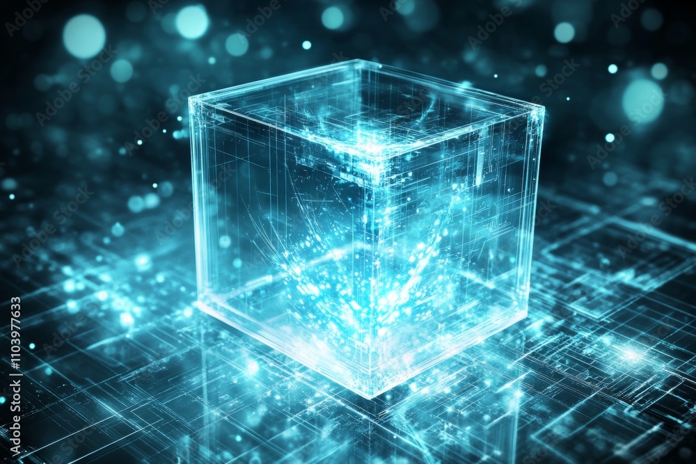 Poster futuristic transparent cube displaying glowing elements against a digital background
