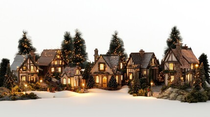 Enchanting Miniature Holiday Houses Display - Magical 3D Render Village Scene on Isolated White Background, Intricately Designed and Lit, Ultra-Detailed Illustration