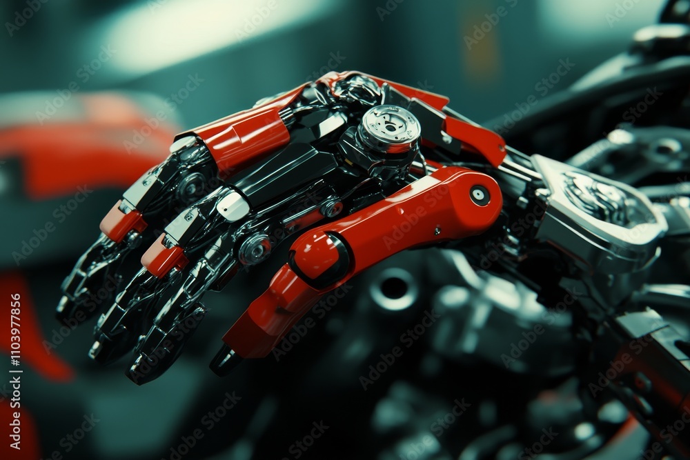 Poster advanced robotic hand with red and silver mechanics showcasing intricate joint movement and modern t