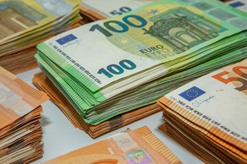 photo of European Union banknotes. Euro one of the strongest currencies in the world. background with money. enriching