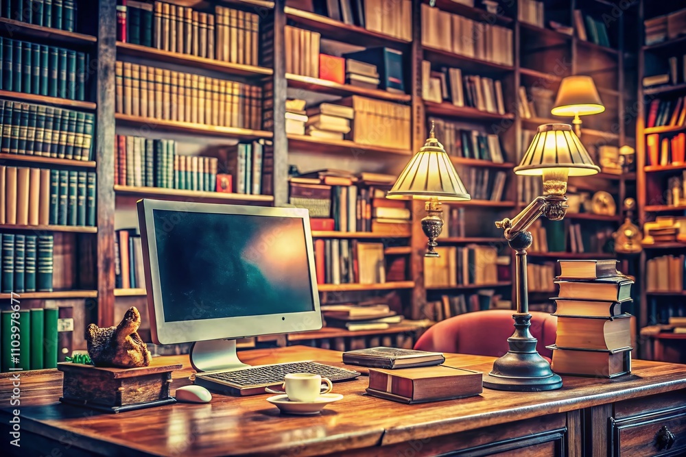 Poster vintage workspace with computer monitor and cluttered desk surrounded by books in a cozy library set