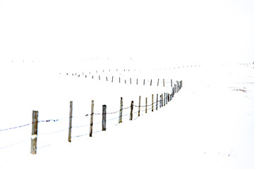 Wooden fence in winter landscape in Iceland.