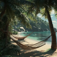 Tranquil Tropical Beach with Hammock Surrounded by Lush Palm Trees