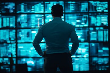 Businessman Analyzing Data at Digital Display While Standing in Control Room Surrounded by Multiple Screens Filled with Complex Graphs and Information