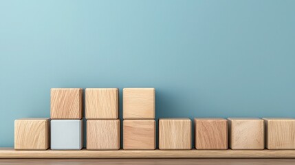 Wood block SEO Business. Wooden blocks on a shelf against a blue wall