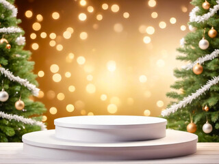 White Round Podium with Christmas Trees and Golden Lights