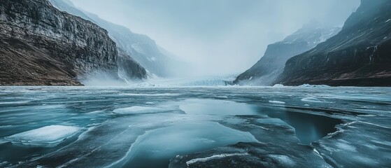 Majestic ice-capped mountains and floating icebergs reflect in calm blue waters at dawn in a serene arctic landscape