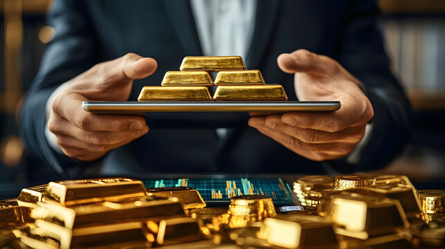 Business man holding gold bars, Financial analyst reviewing gold bullion trends on a digital tablet, with data graphs and charts overlay.
